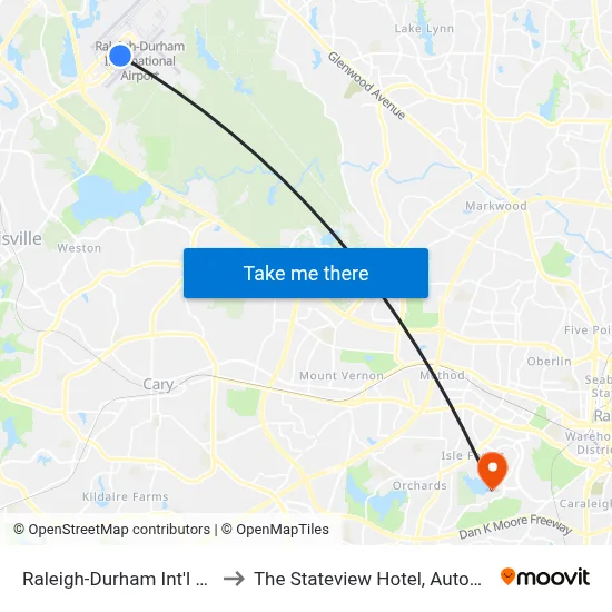 Raleigh-Durham Int'l Airport (RDU) to The Stateview Hotel, Autograph Collection map