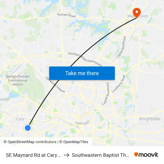 SE Maynard Rd at Cary Towne Blvd (Nb) to Southeastern Baptist Theological Seminary map