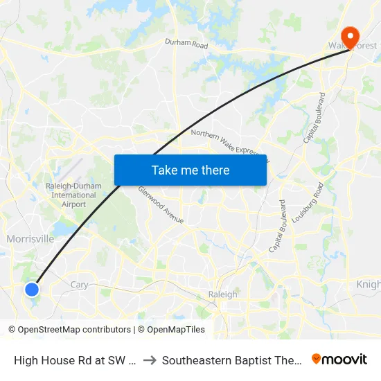 High House Rd at SW Cary Pkwy (Eb) to Southeastern Baptist Theological Seminary map