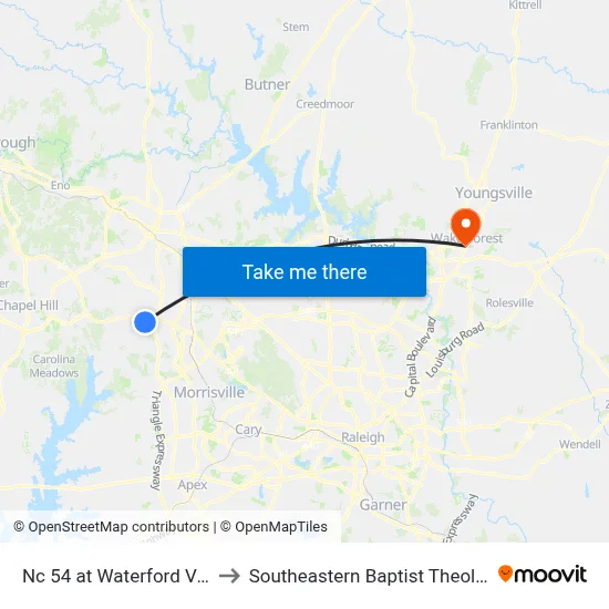 Nc 54 at Waterford Valley Dr (Wb) to Southeastern Baptist Theological Seminary map