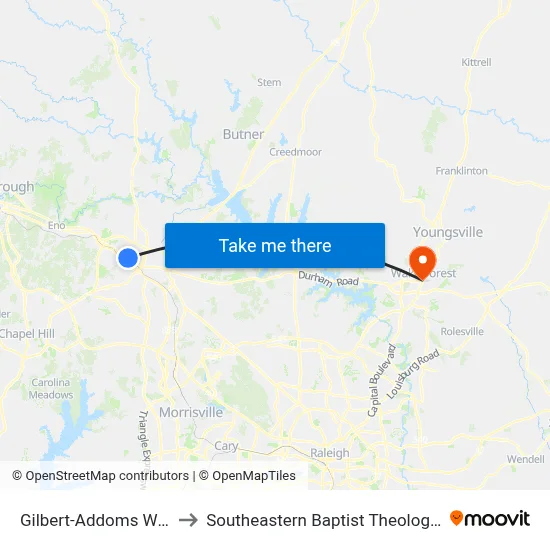 Gilbert-Addoms Westbound to Southeastern Baptist Theological Seminary map