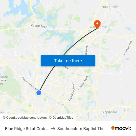 Blue Ridge Rd at Crabtree Valley Ave to Southeastern Baptist Theological Seminary map