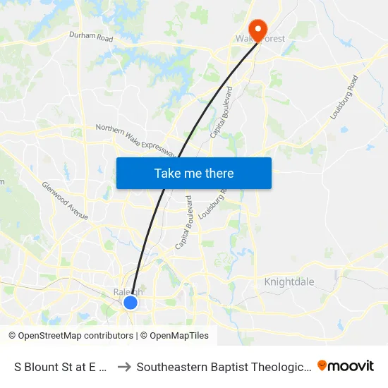 S Blount St at E Davie St to Southeastern Baptist Theological Seminary map