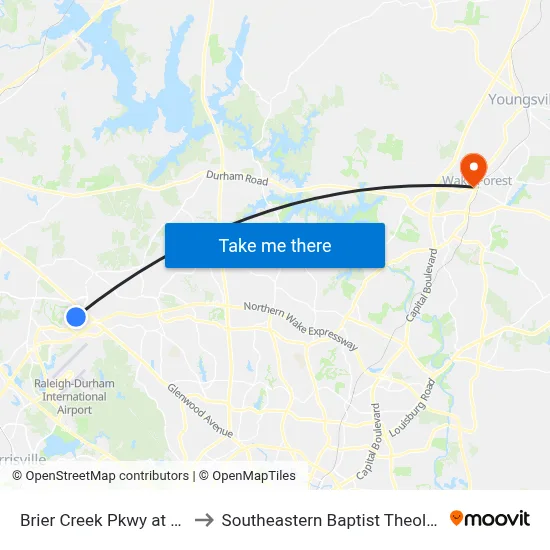Brier Creek Pkwy at Brier Leaf Ln to Southeastern Baptist Theological Seminary map