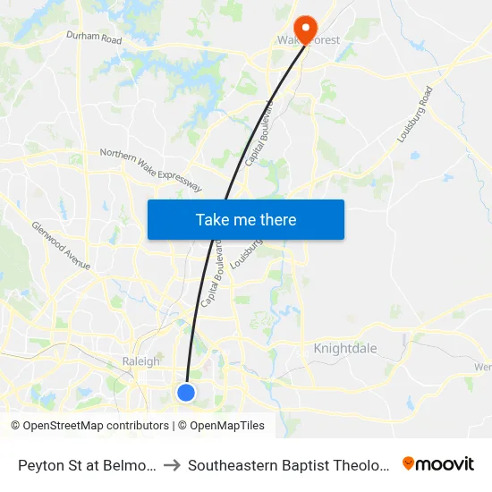 Peyton St at Belmont Dr (Nb) to Southeastern Baptist Theological Seminary map