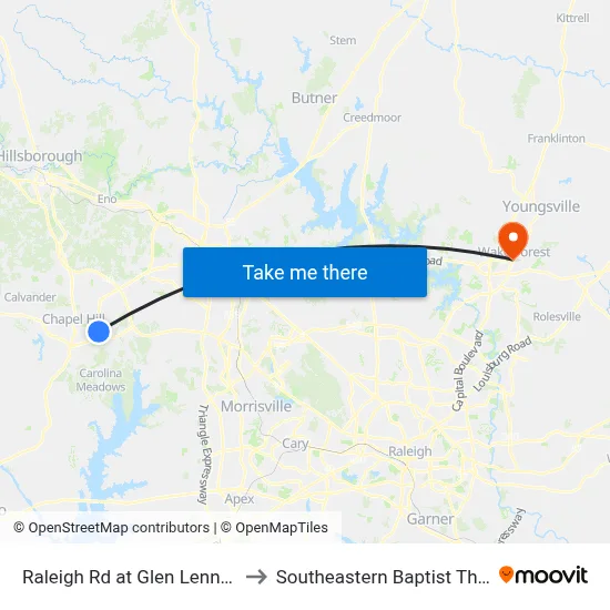 Raleigh Rd at Glen Lennox Shopping Center to Southeastern Baptist Theological Seminary map