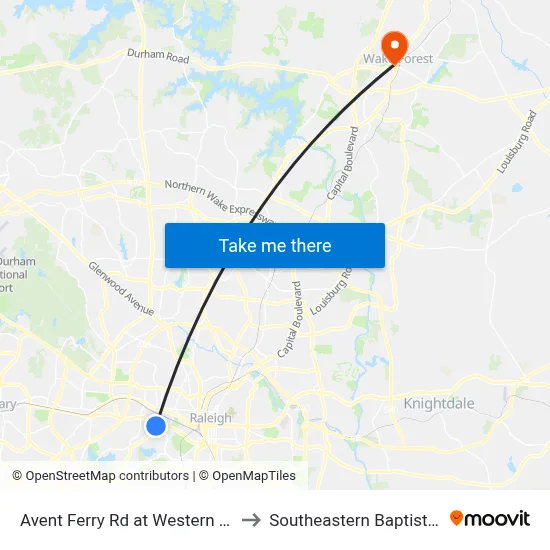 Avent Ferry Rd at Western Blvd (Avent Ferry Complex) to Southeastern Baptist Theological Seminary map