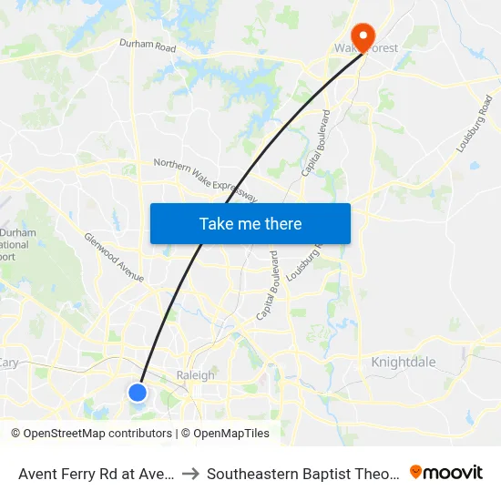 Avent Ferry Rd at Avery Close Apts to Southeastern Baptist Theological Seminary map