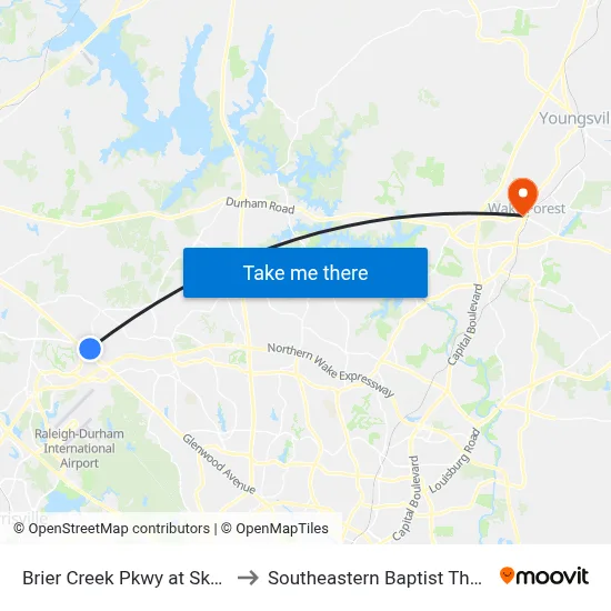 Brier Creek Pkwy at Skyland Ridge Pkwy to Southeastern Baptist Theological Seminary map
