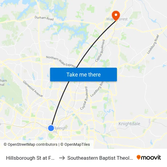 Hillsborough St at Forest Rd (Eb) to Southeastern Baptist Theological Seminary map