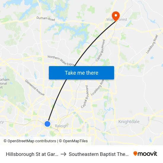 Hillsborough St at Gardner St (Ncsu) to Southeastern Baptist Theological Seminary map
