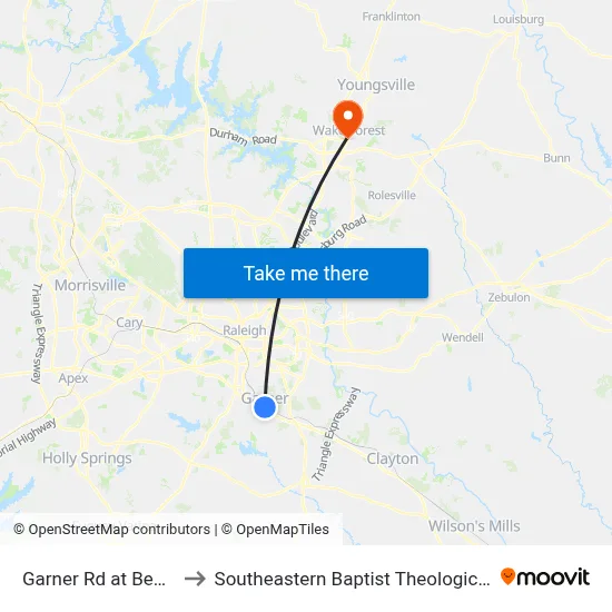 Garner Rd at Benson Rd to Southeastern Baptist Theological Seminary map
