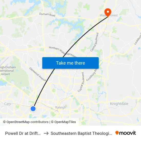 Powell Dr at Driftwood Dr to Southeastern Baptist Theological Seminary map