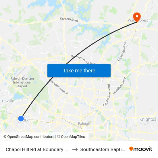 Chapel Hill Rd at Boundary St (Northwoods Greenway) (Wb) to Southeastern Baptist Theological Seminary map