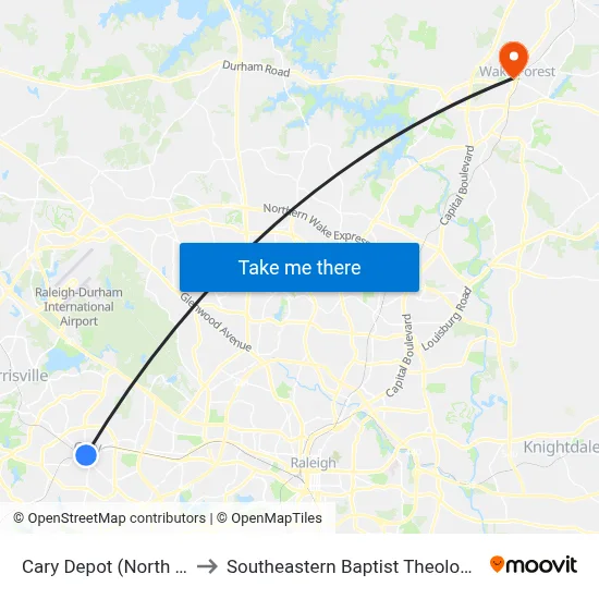 Cary Depot (North Platform) to Southeastern Baptist Theological Seminary map