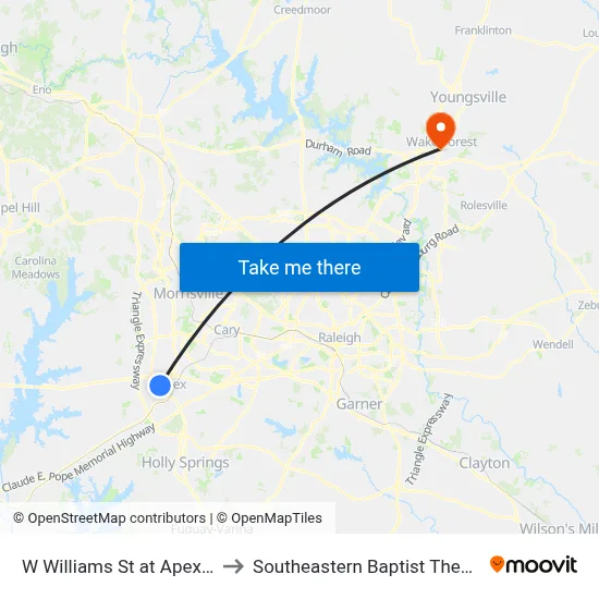 W Williams St at Apex Peakway (Nb) to Southeastern Baptist Theological Seminary map