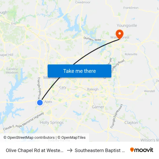 Olive Chapel Rd at Western Wake Crisis Ministry to Southeastern Baptist Theological Seminary map