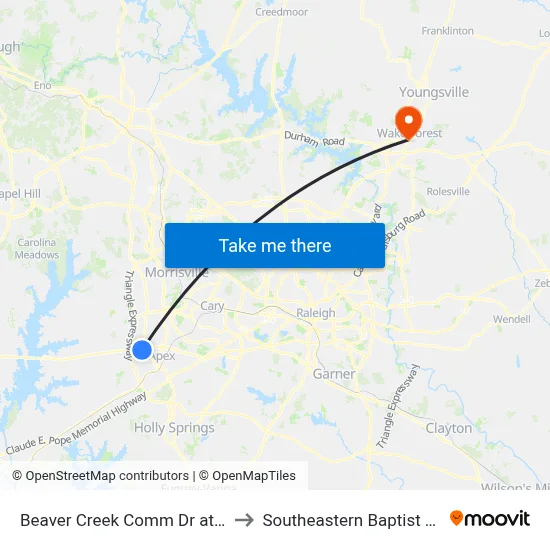 Beaver Creek Comm Dr at Beaver Crk Grnway (Eb) to Southeastern Baptist Theological Seminary map