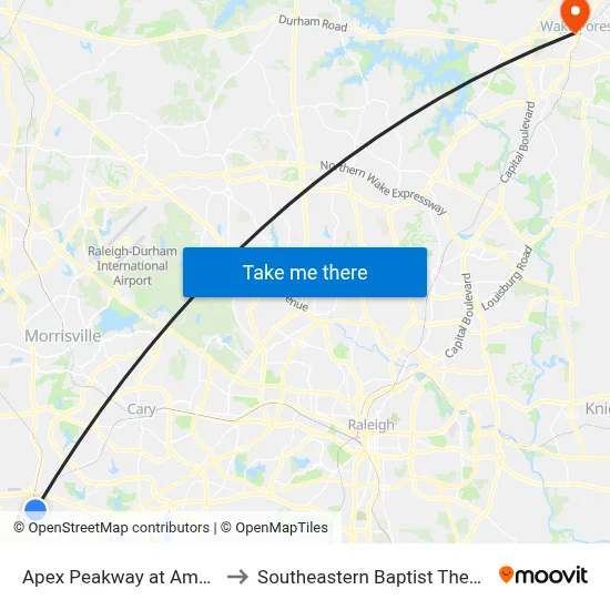 Apex Peakway at Ambergate Station to Southeastern Baptist Theological Seminary map