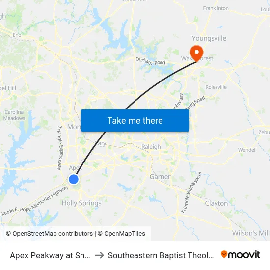 Apex Peakway at Shackleton Rd to Southeastern Baptist Theological Seminary map