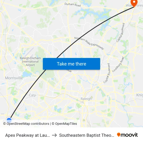 Apex Peakway at Laura Duncan Rd to Southeastern Baptist Theological Seminary map
