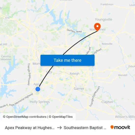 Apex Peakway at Hughes St (Cambridge Village) to Southeastern Baptist Theological Seminary map