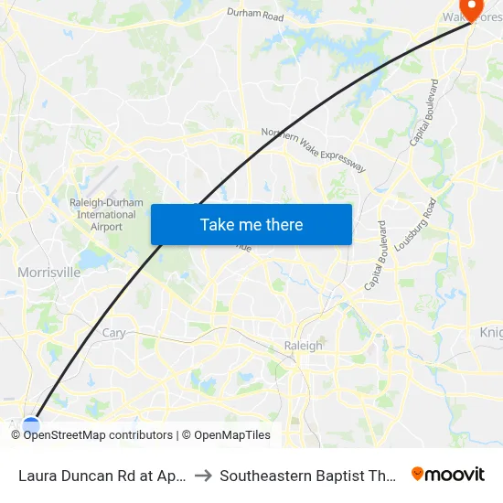 Laura Duncan Rd at Apex Peakway (Nb) to Southeastern Baptist Theological Seminary map