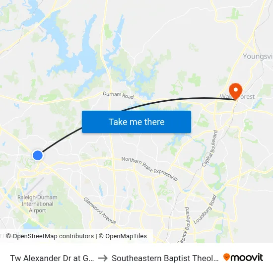 Tw Alexander Dr at Glenwood Ave to Southeastern Baptist Theological Seminary map
