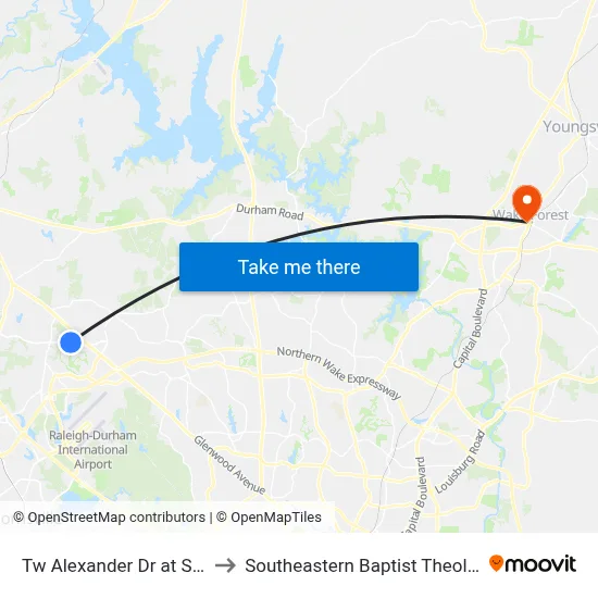 Tw Alexander Dr at Salem Glen Ln to Southeastern Baptist Theological Seminary map