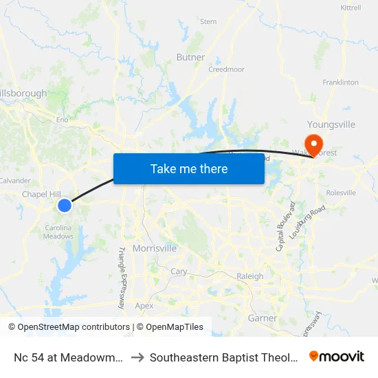 Nc 54 at Meadowmont Ln (Wb) to Southeastern Baptist Theological Seminary map