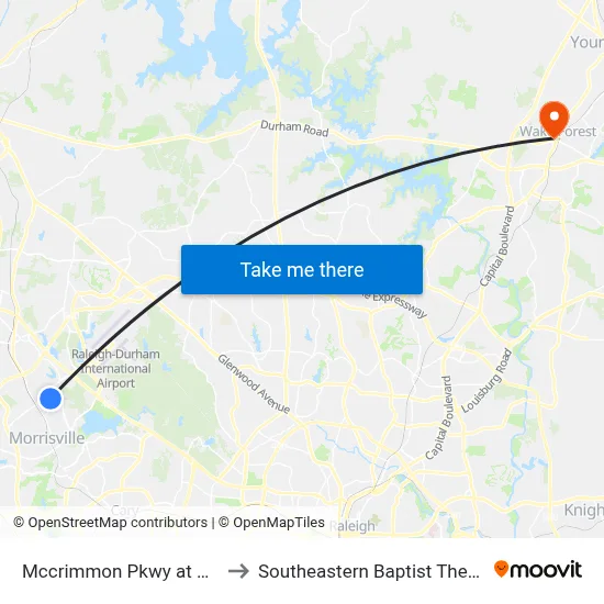 Mccrimmon Pkwy at Airport Blvd (Eb) to Southeastern Baptist Theological Seminary map