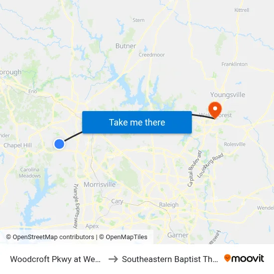 Woodcroft Pkwy at Weathersfield Dr (Wb) to Southeastern Baptist Theological Seminary map