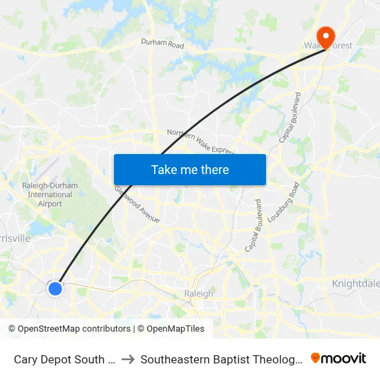 Cary Depot South Platform to Southeastern Baptist Theological Seminary map
