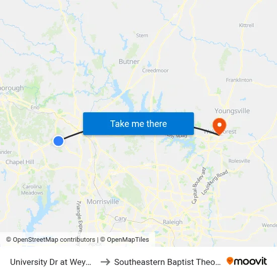 University Dr at Weymouth St (Wb) to Southeastern Baptist Theological Seminary map