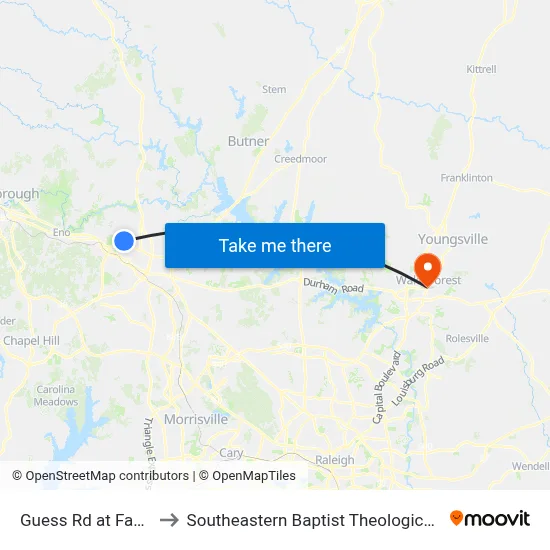 Guess Rd at Fawn Ave to Southeastern Baptist Theological Seminary map