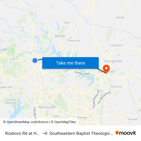 Roxboro Rd at Hewitt St to Southeastern Baptist Theological Seminary map