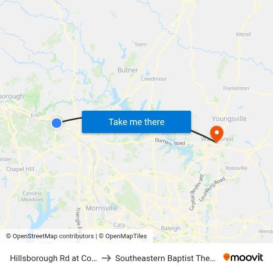 Hillsborough Rd at Cole Mill Rd (Wb) to Southeastern Baptist Theological Seminary map