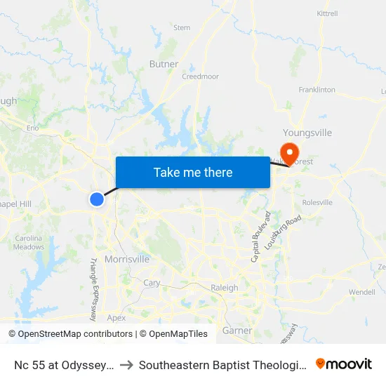 Nc 55 at Odyssey Dr (Nb) to Southeastern Baptist Theological Seminary map