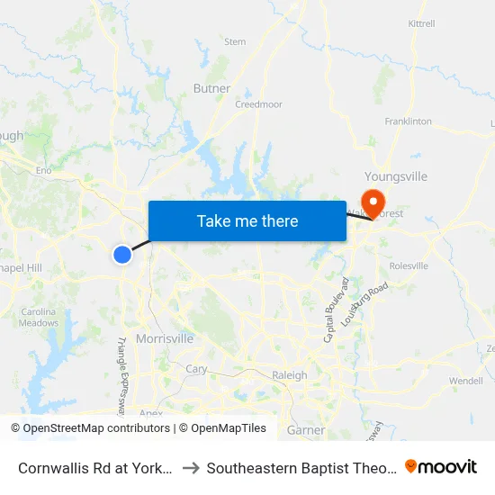 Cornwallis Rd at Yorktown Ave (Nb) to Southeastern Baptist Theological Seminary map
