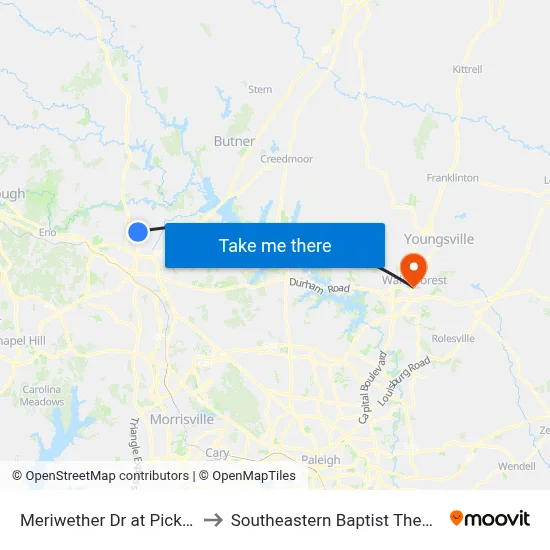 Meriwether Dr at Pickwick Trail (Nb) to Southeastern Baptist Theological Seminary map