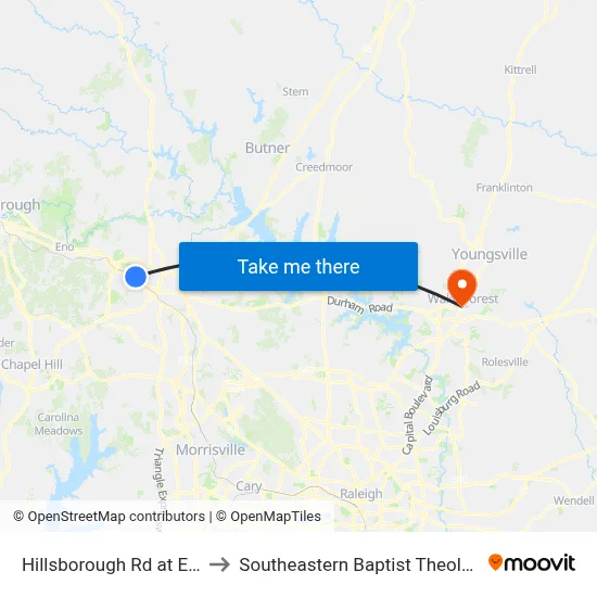 Hillsborough Rd at Erwin Square to Southeastern Baptist Theological Seminary map