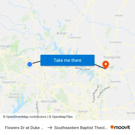 Flowers Dr at Duke Gardens (Sb) to Southeastern Baptist Theological Seminary map