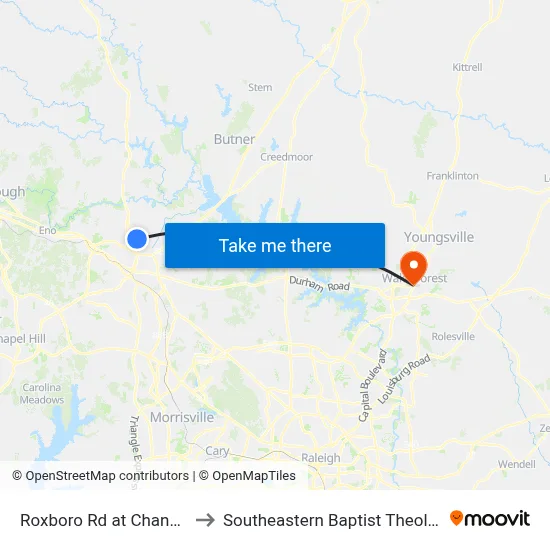 Roxboro Rd at Channing Ave (Sb) to Southeastern Baptist Theological Seminary map