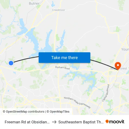 Freeman Rd at Obsidian Way (Southern Hs) to Southeastern Baptist Theological Seminary map