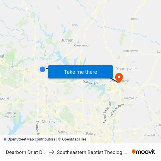 Dearborn Dr at Deer Run to Southeastern Baptist Theological Seminary map
