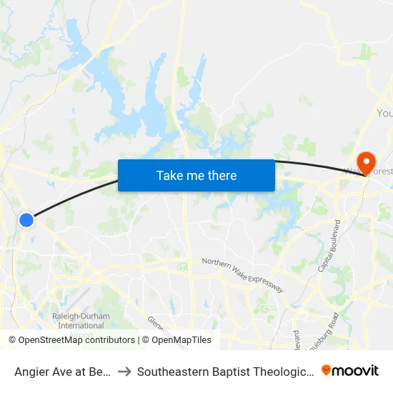 Angier Ave at Beldon Dr to Southeastern Baptist Theological Seminary map