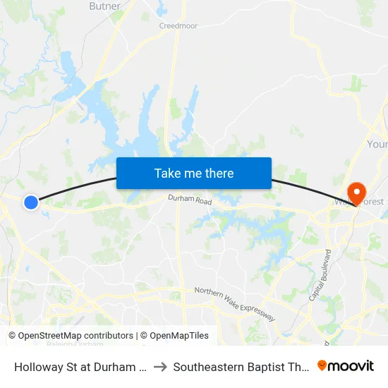 Holloway St at Durham Ridge Assisted Liv to Southeastern Baptist Theological Seminary map