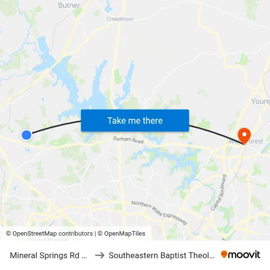 Mineral Springs Rd at Destrier Dr to Southeastern Baptist Theological Seminary map