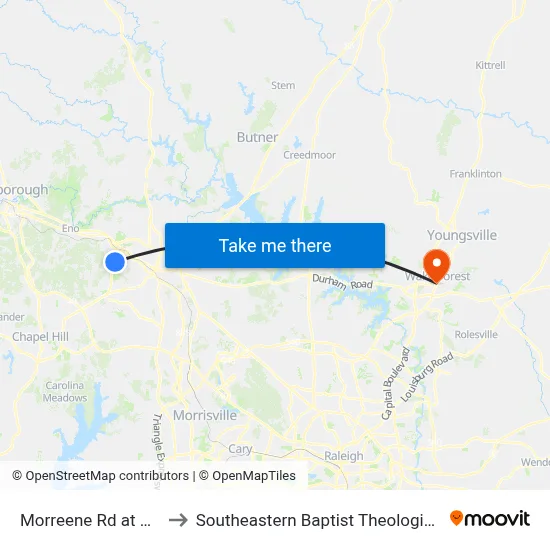 Morreene Rd at Erwin Rd to Southeastern Baptist Theological Seminary map