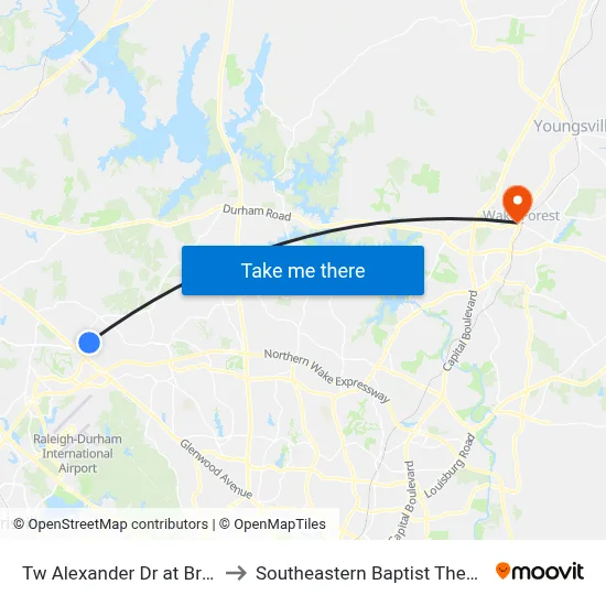 Tw Alexander Dr at Brier Creek Pkwy to Southeastern Baptist Theological Seminary map